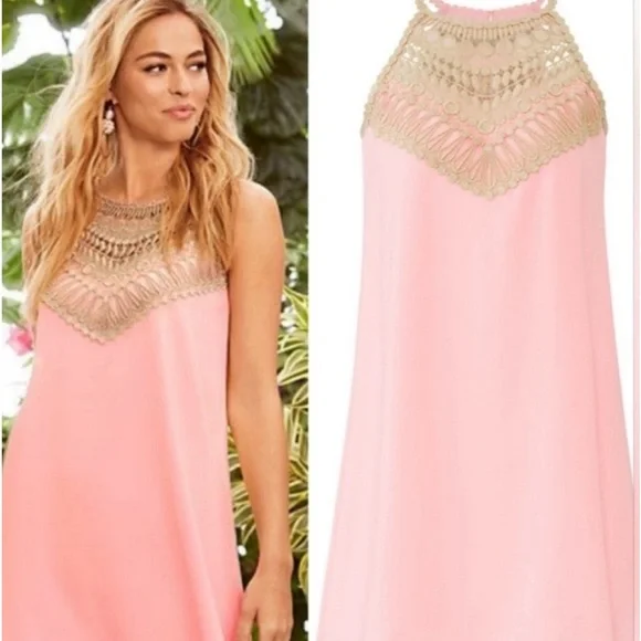 Lilly Pulitzer Pearl Soft Shift. Fun barbie pink w/gold thread cut out top. - Picture 2 of 6